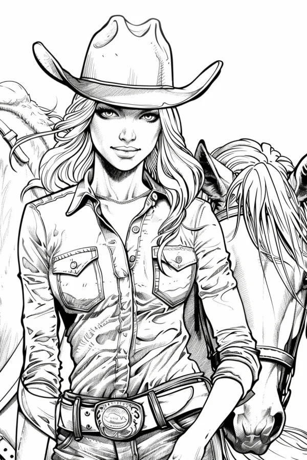 Cowgirl with horse, realistic illustration style — free printable west coloring book page