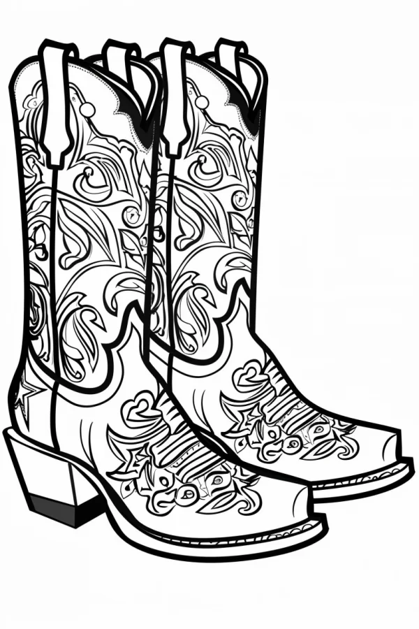 Decorative cowboy boots with scroll patterns, vintage western style — free printable western style coloring book page