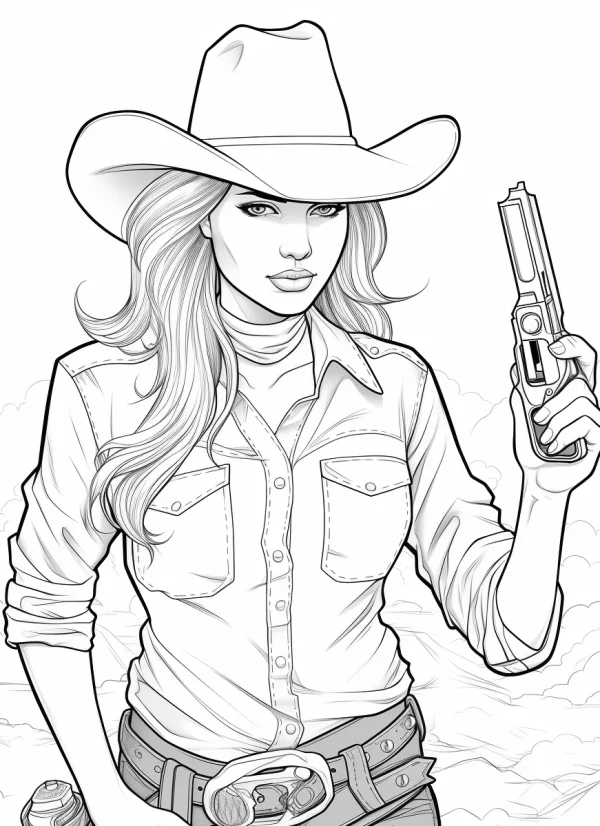Cowgirl holding a revolver, western style — free printable west coloring book page