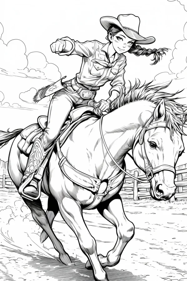 Cowgirl riding a horse, western ranch scene with wooden fence and clouds — free printable outdoor sports coloring book page