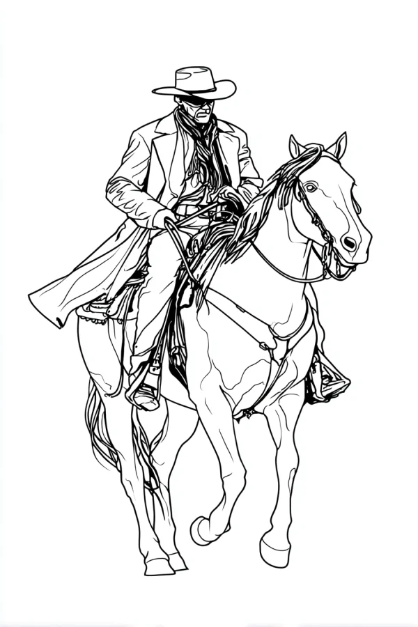 Cowboy riding a horse, sketch style — free printable west coloring book page