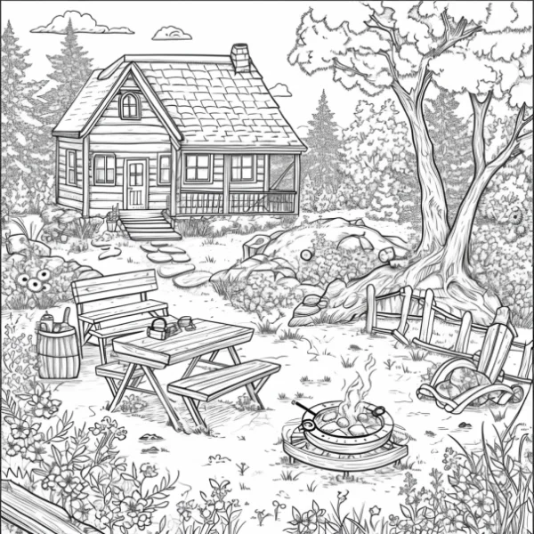 Rural cabin outdoor camping scene, realistic sketch line art style — free printable outdoor camping coloring book page