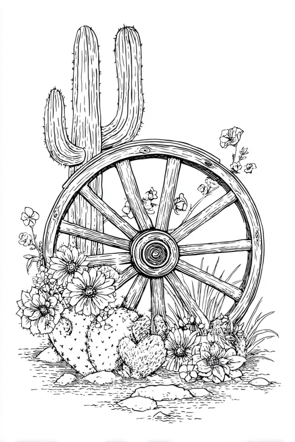 Cacti and old wooden wagon wheel, desert natural scene with blooming flowers and rocks — free printable western style coloring book page