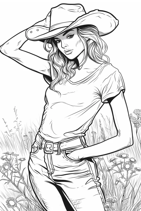Cowgirl wearing cowboy hat and jeans, standing in wild grass with daisy-like flowers — free printable cowboy coloring book page