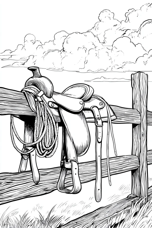 Saddle hanging on wooden fence with lasso, realistic sketch style — free printable west coloring book page