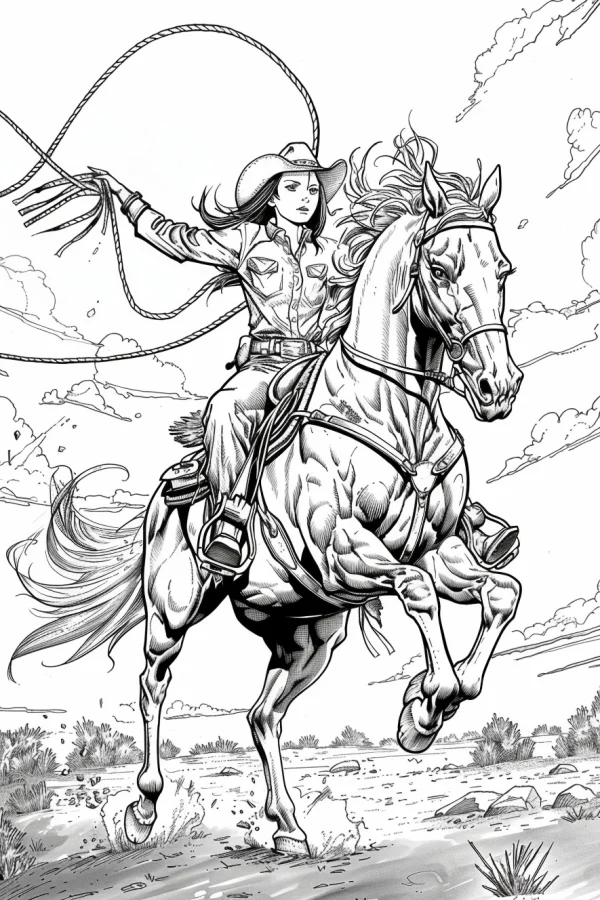 Cowgirl riding a running horse with a lasso, western style — free printable equestrian coloring book page
