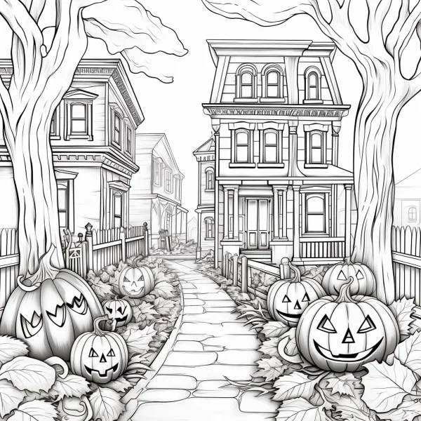 Halloween neighborhood with jack-o'-lanterns, cartoon style — free printable festivals coloring book page