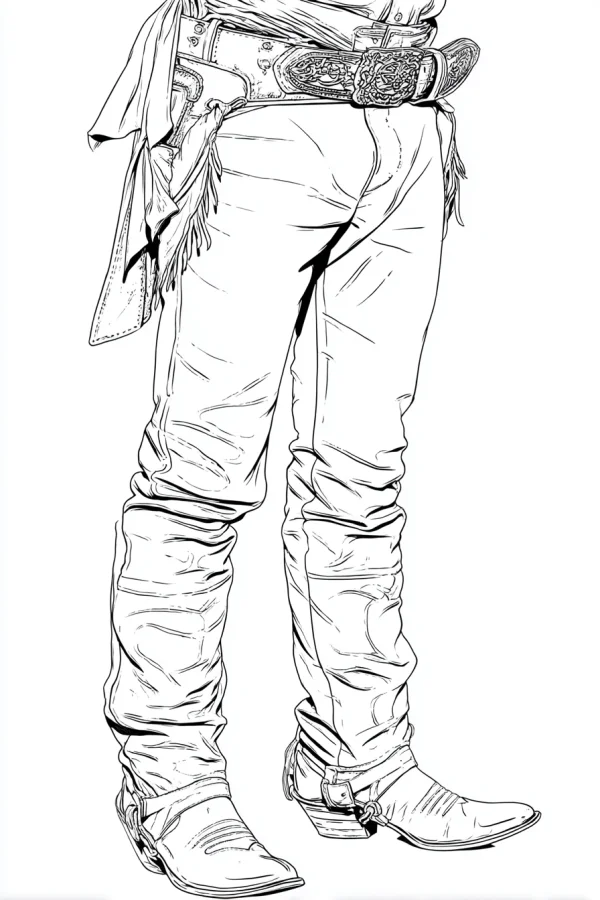 Lower body of a western cowboy, realistic vintage western style — free printable west coloring book page
