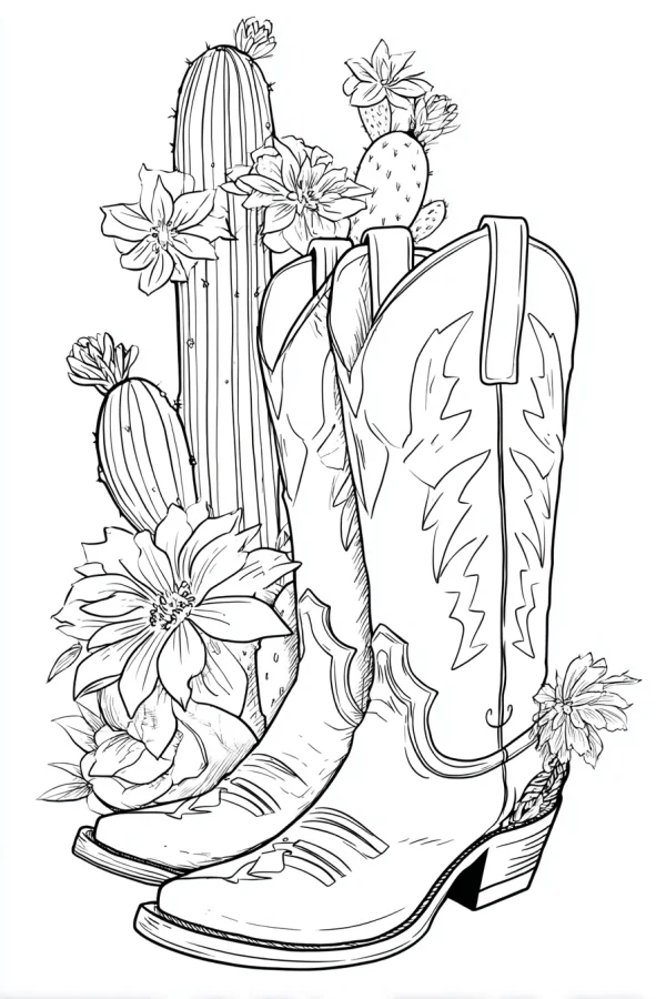 Cowboy boots with blooming cacti and flowers, western retro style — free printable western style coloring book page
