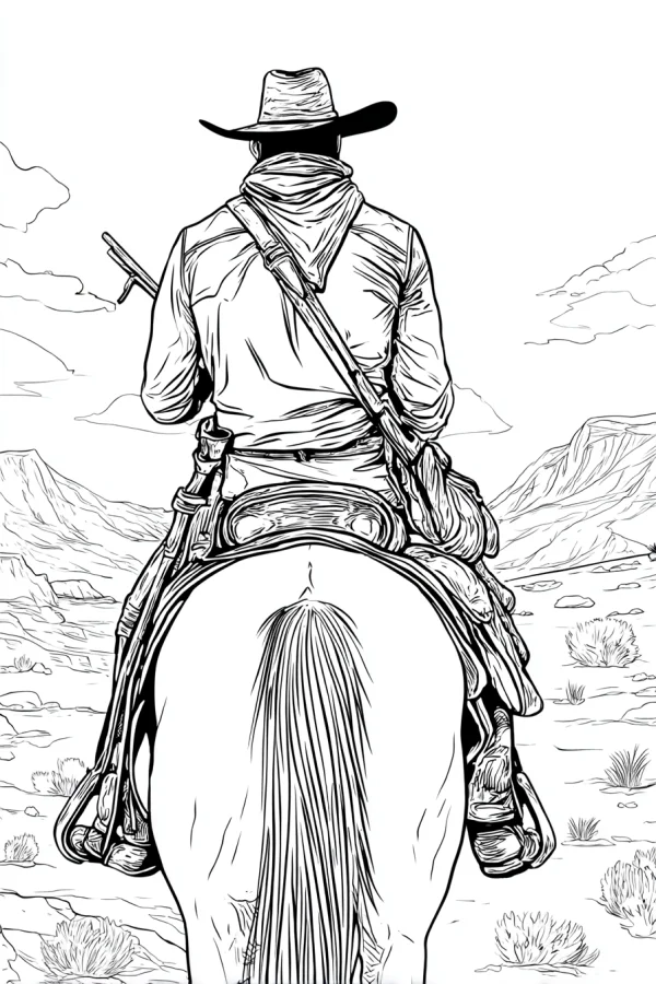 Cowboy riding horse viewed from behind, western desert landscape with distant mountains — free printable cowboy coloring book page