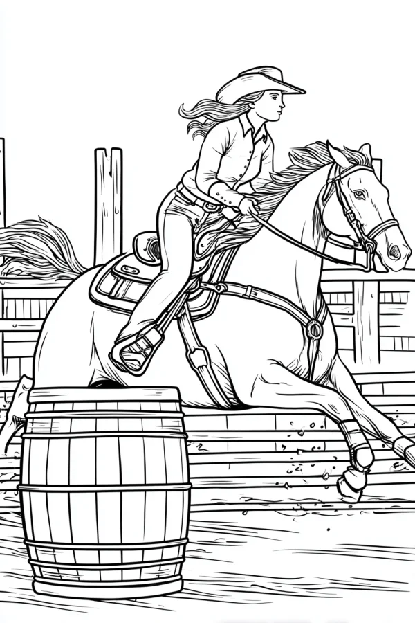 Female cowboy riding a horse around a wooden barrel, western ranch scene with wooden fences — free printable equestrian coloring book page
