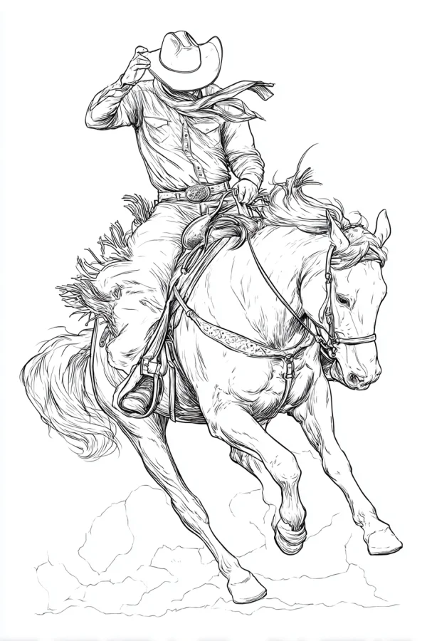 Cowboy riding a horse, realistic style — free printable horse riding coloring book page
