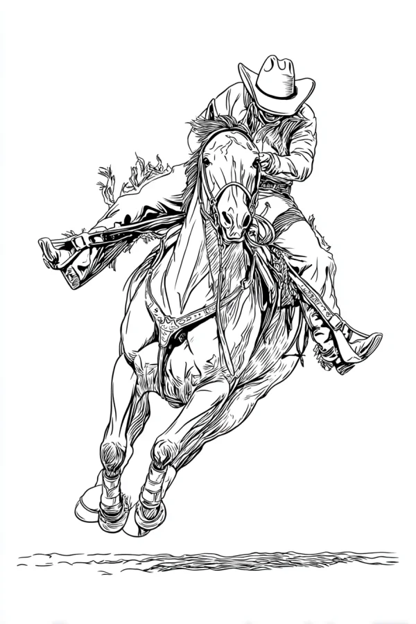 Cowboy riding a running horse, realistic sketch style — free printable cowboy coloring book page