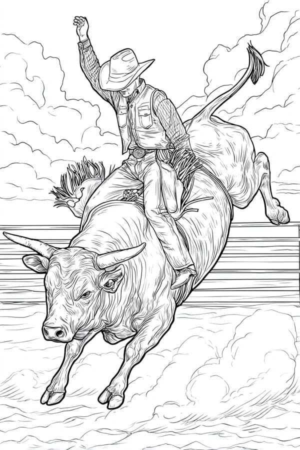 Cowboy riding a bucking bull, western american style — free printable west coloring book page