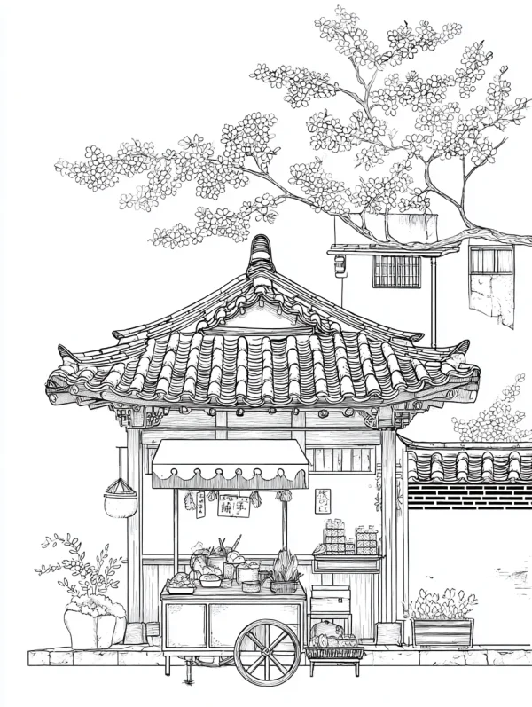 Korean traditional street food stall, korean style — free printable korean style coloring book page
