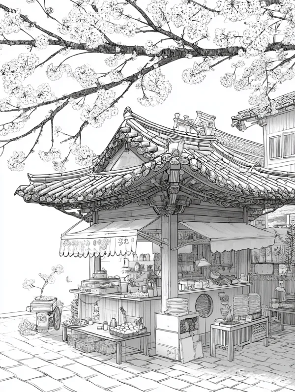 Korean traditional street food stall under blooming cherry blossom branches, realistic line art style — free printable korean style coloring book page