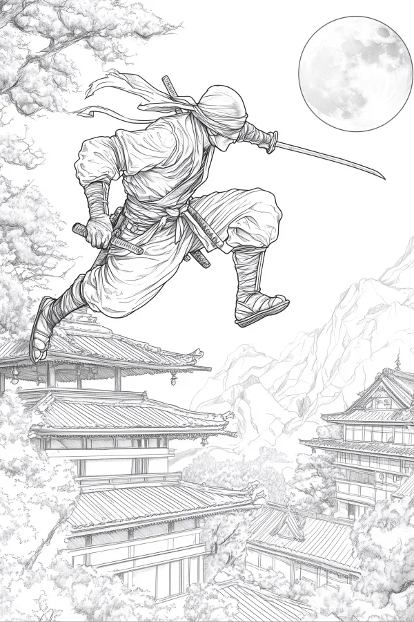 Ninja leaping over traditional japanese buildings, japanese style — free printable ninja coloring book page