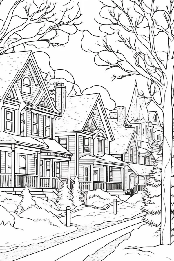 Winter snow-covered residential town with houses and bare trees, realistic illustration style — free printable residential coloring book page