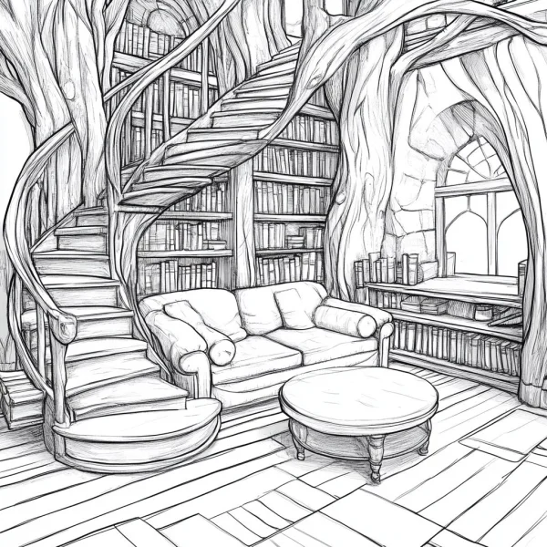 Fantasy treehouse study room, sketch style — free printable trees coloring book page