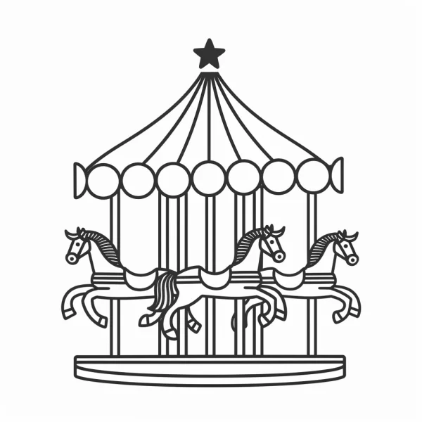 Carousel with three horses, cartoon style — free printable amusement park coloring book page