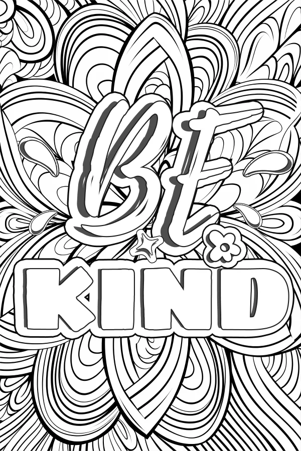 'be kind' decorative lettering with intricate zentangle patterns, abstract style — free printable zen doodle coloring book page