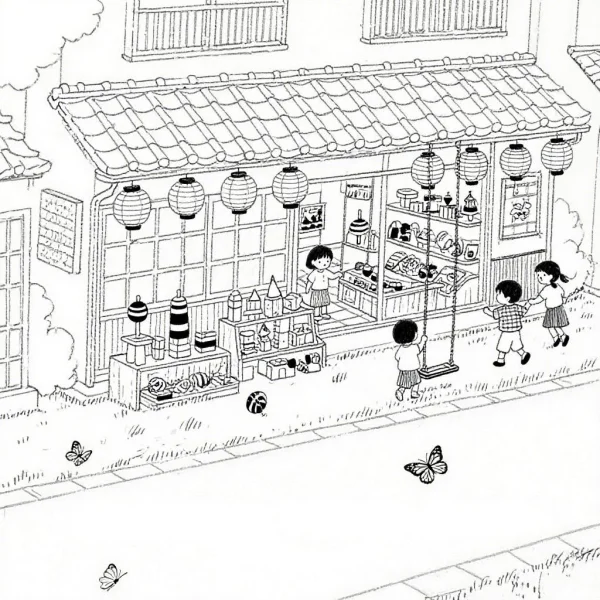 Japanese street small shop with playing children, cartoon style — free printable childhood life coloring book page
