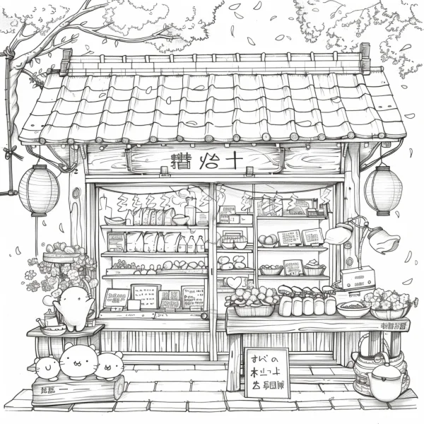 Japanese-style grocery store with cute chibi creatures, cartoon art style — free printable grocery store coloring book page