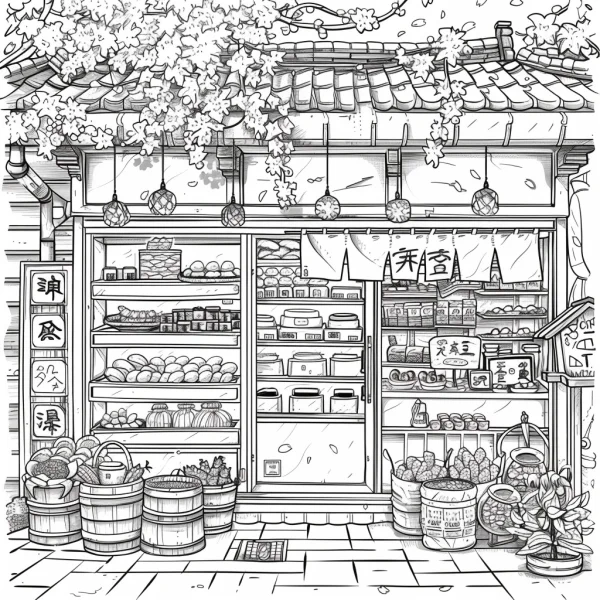 Traditional japanese grocery store, japanese style — free printable grocery store coloring book page