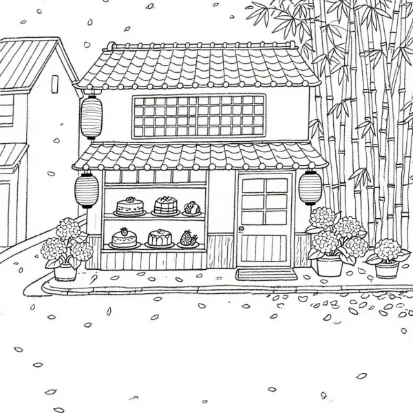 Japanese-style dessert shop with tile roof and paper lanterns, displaying various cakes in the window — free printable small shop coloring book page