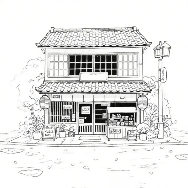 Japanese two-story street shop, japanese illustration style — free printable street view coloring book page