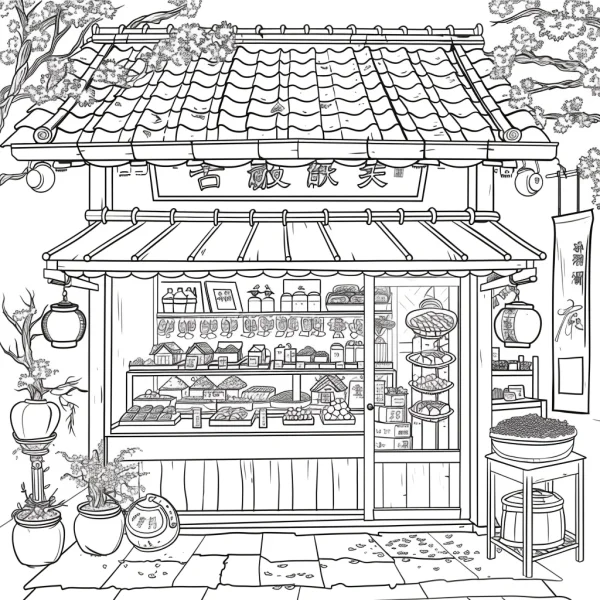 Coloring book page, japanese traditional confectionery shop — free printable street view coloring book page