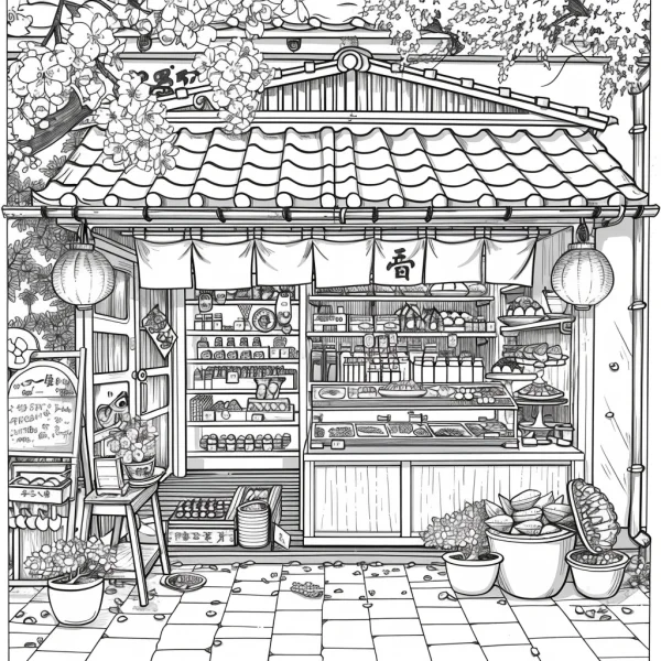 Traditional japanese grocery store, japanese style — free printable grocery store coloring book page