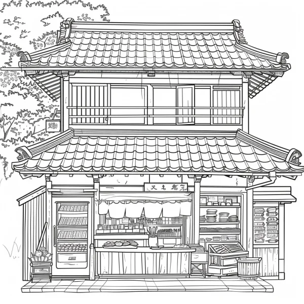 Traditional japanese street food shop, japanese style — free printable traditional architecture coloring book page