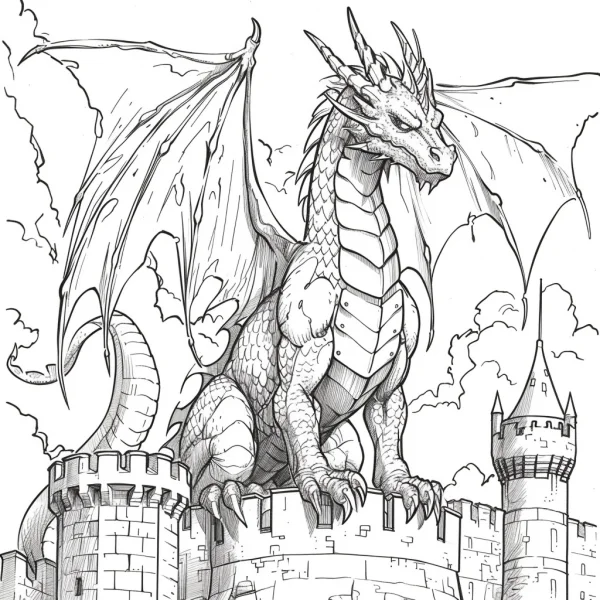 Giant dragon perched on castle walls, fantasy realistic style — free printable coloring page