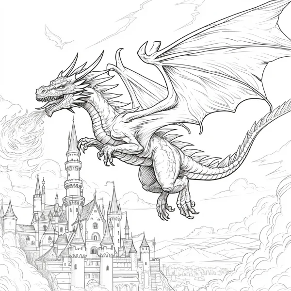 Fire-breathing dragon over a medieval castle, fantasy style — free printable coloring page