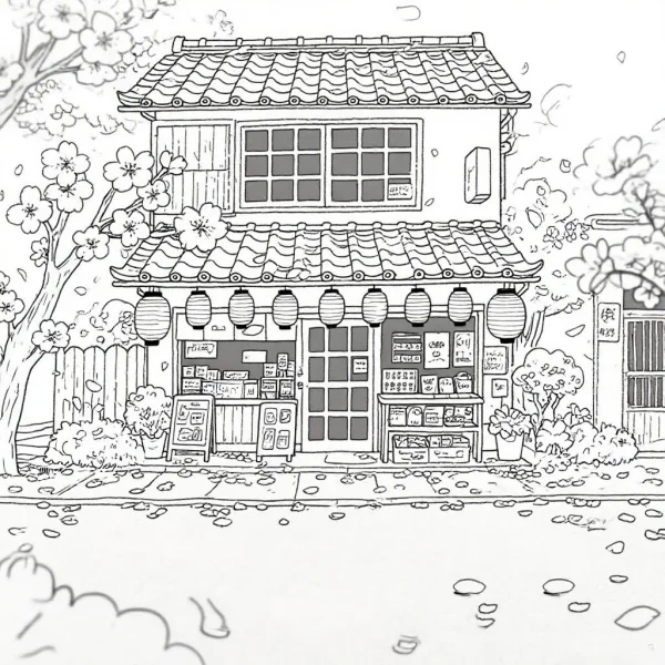Japanese two-story street-side small shop, japanese style — free printable street view coloring book page