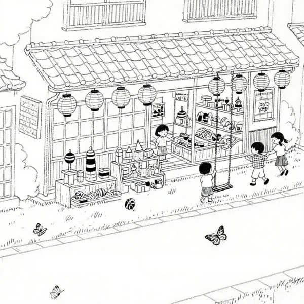Japanese street scene with small shop and playing children, cartoon sketch style — free printable street view coloring book page