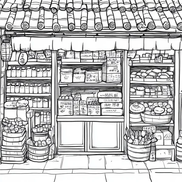 Coloring book page, traditional chinese street grocery store — free printable traditional shop coloring book page