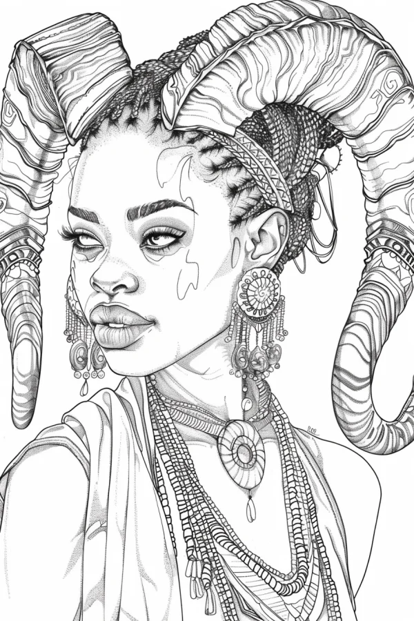 Tribal-style woman with large curved horns, fantasy art style — free printable tribal culture coloring book page