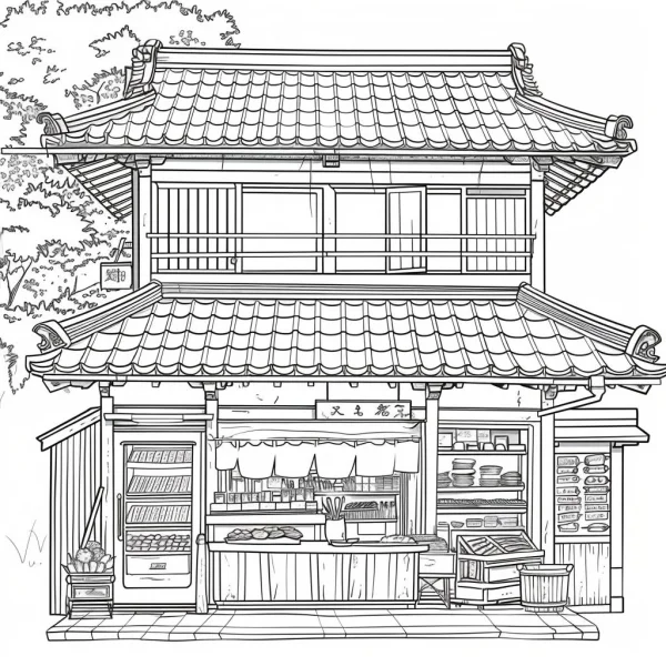 Japanese two-story deli shop, japanese style — free printable small shop coloring book page