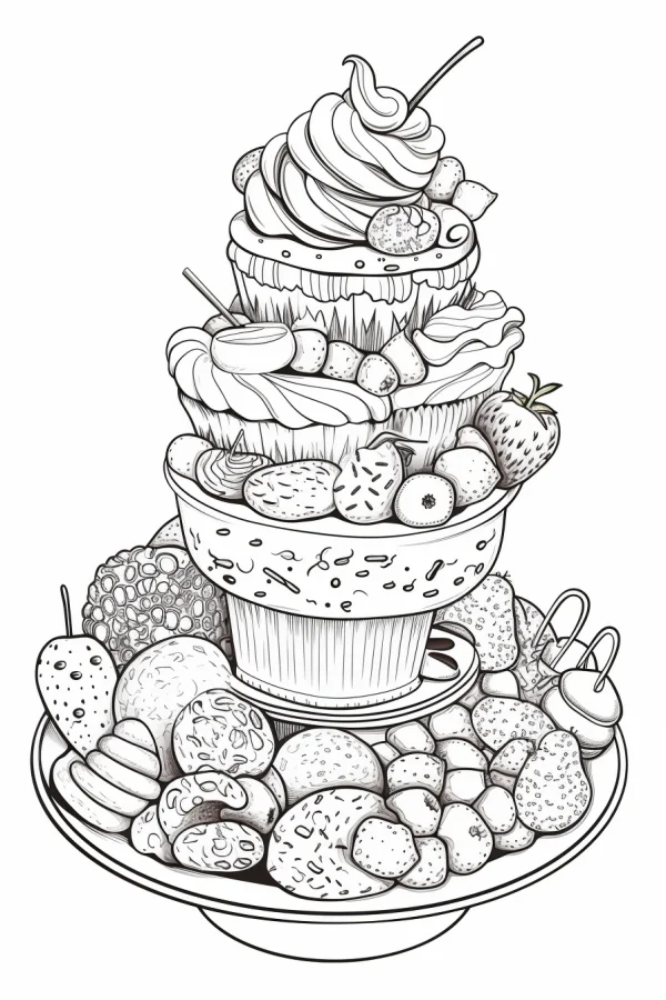 Stacked cupcake dessert platter, sketch style — free printable desserts coloring book page