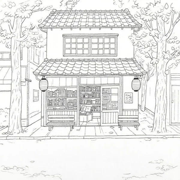Japanese street-side bookstore, japanese style illustration — free printable bookstore coloring book page