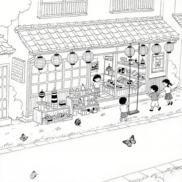 Street-side small shop with playing children, cartoon line art style — free printable childhood life coloring book page