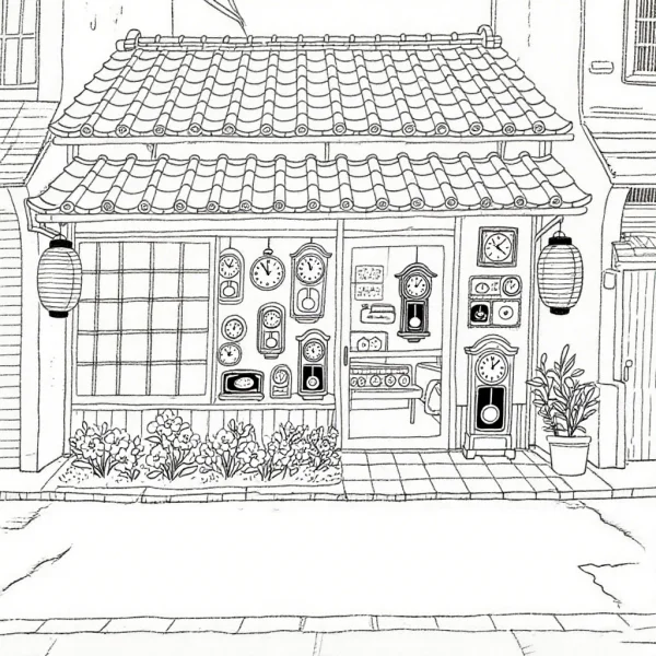 Japanese-style clock shop, street view with tiled roof and paper lanterns — free printable street view coloring book page