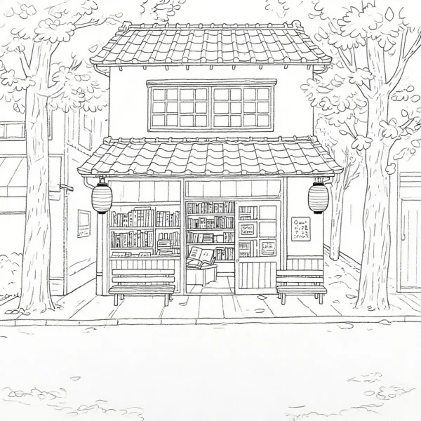 Japanese street-side bookstore with two-story house, japanese illustration style — free printable street view coloring book page