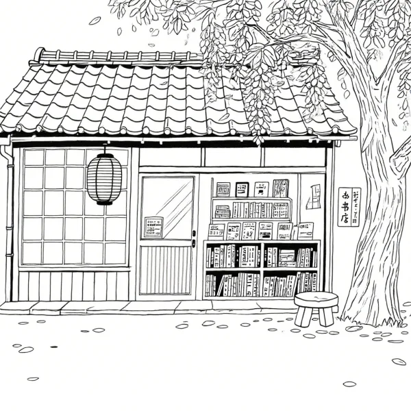 Japanese small bookstore, japanese style — free printable bookstore coloring book page