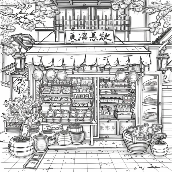 Japanese grocery store, japanese style — free printable trees coloring book page
