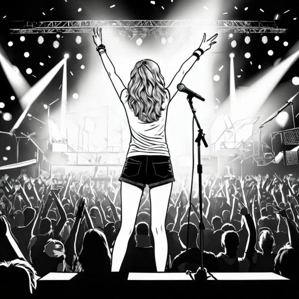 Female singer on stage with raised arms, cartoon style — free printable stage performance coloring book page