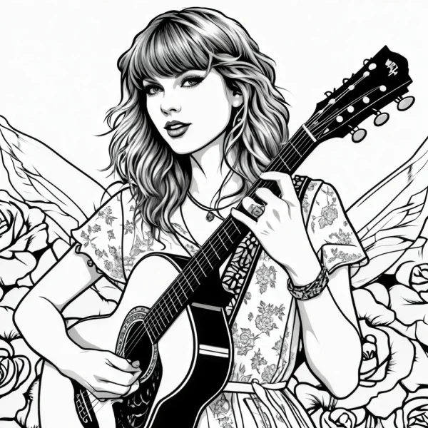 Taylor swift with angel wings holding an acoustic guitar, surrounded by roses — free printable stars coloring book page