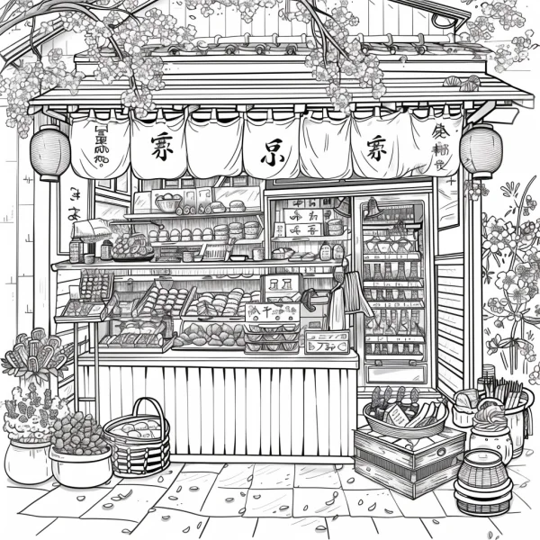 Japanese traditional grocery store, japanese illustration style — free printable grocery store coloring book page